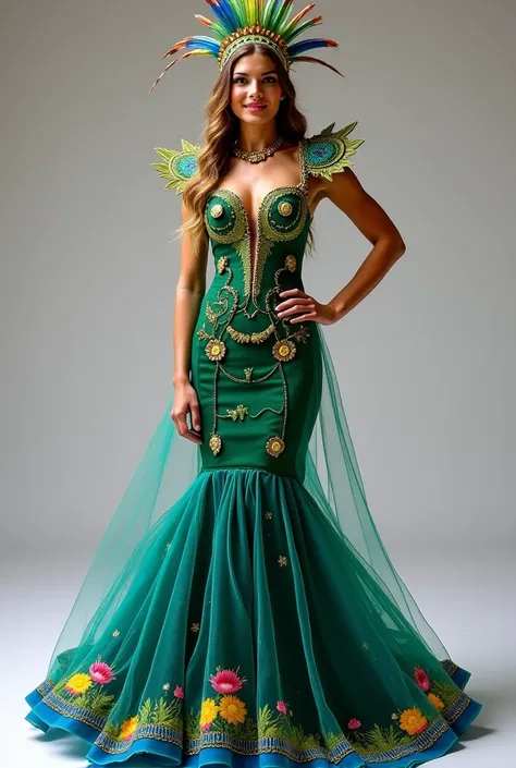  The costume is a celebration of Brazil's cultural and natural wealth ,  designed to exude grandeur and authenticity .  The upper part consists of a fitted silk or satin bodice in an emerald green tone ,  with gold embroidery that form designs of tropical ...