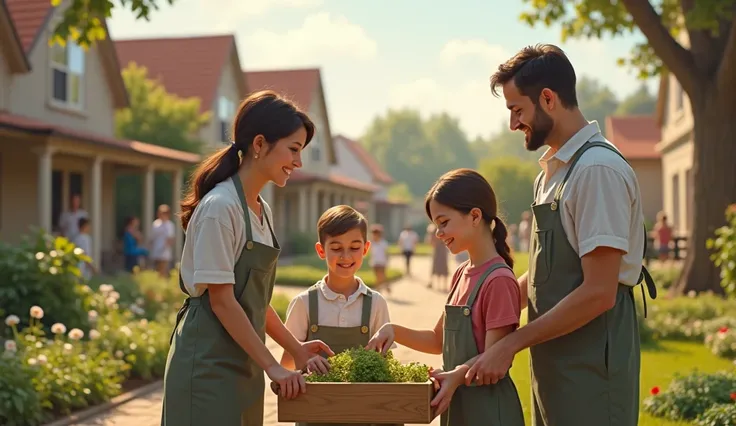 A Mormon family volunteering in their community, participating in service activities, showcasing the balance of spiritual growth and worldly success.
