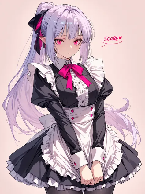 ((masterpiece, best quality)), 1girl, light purple hair, long hair, ponytail, pink eyes, vampire, fluffy, (maid, frills), black pantyhose, hair ribbon, calm, looking at viewer, cowboy shot, no cropping, simple background, 