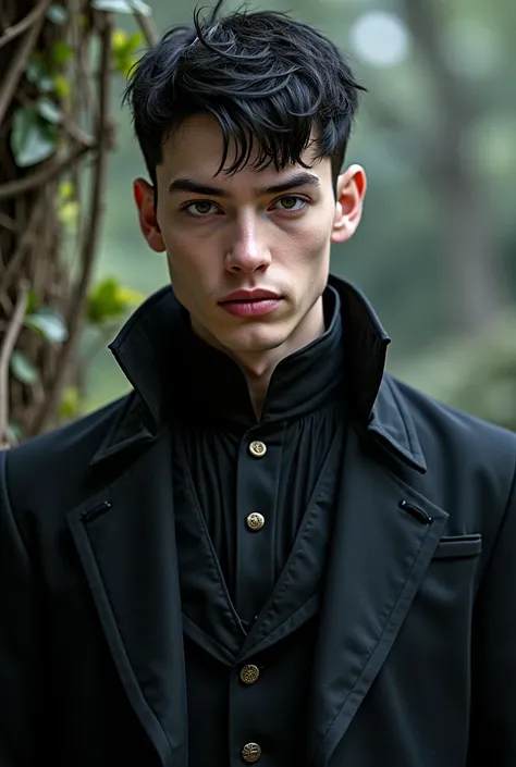 Young Western man with very short black hair,  black eyes,  white skin, beautiful,  wearing medieval black clothes very similar to those portrayed in fantasy books.  