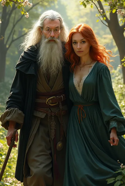 wizard men in his 30s, white hair, walking with his young seductive redblond female apprentice, spring, flames in brown eyes,  black cloak, confident face, half body