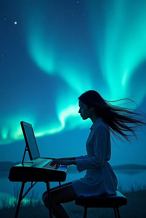 Black-haired woman playing keyboard in front of the Northern Lights