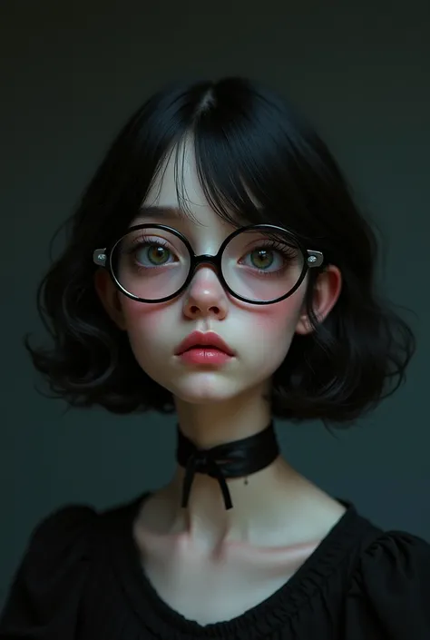 a gothic girl with cute version glasses, with 3D name written lucypo