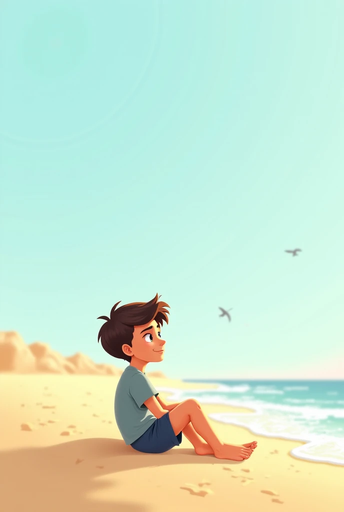 A young boy sitting in the beach of sea