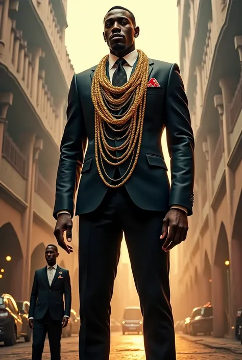 Trinidad and tobago guardian 10 ft tall wearing gold chains and a suit standing next to a man