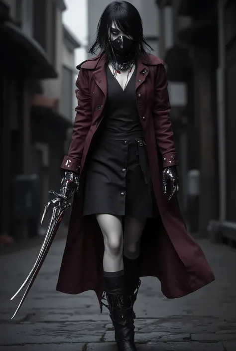  Full body image of a young woman with Japanese features . black hair,    completely black eyes with ghostly pale gray irises   ,   ominous look .   Bocs covered by a black surgical mask   .   slender build .   She wears a black dress that reveals her neck...