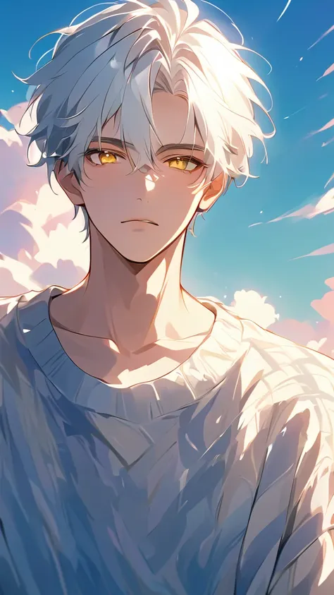 one, eyes, man, soft plaid sweater,  yellow eyes,   direct facial treatment  ,  Shaggy and messy white short hair,  color of light black stripes and gradients , sunlight, Warm Light,  anime style