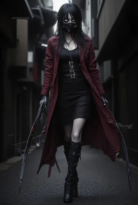  Full body image of a young woman with Japanese features . black hair,    completely black eyes with ghostly pale gray irises   ,   ominous look .   Bocs covered by a black surgical mask   .   slender build .   She wears a black dress that reveals her neck...