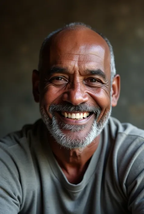 A bald Angolan man with warts without some teeth smiling when looking at the computer camera