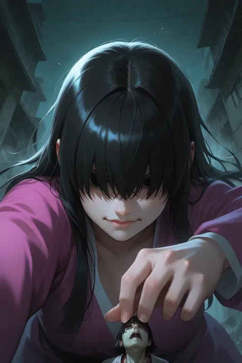 japanese girl, black hair, black eyes, small giantess, super villain, creepy looking, hair over eyes, dynamic pose, serious expression.