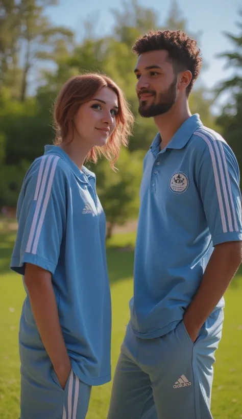 REALISTIC PHOTO OF A BROWN AMERICAN MAN, Very beautiful,  , with brown hair,  WEARING JESS PANTS AND A BLUE SHIRT WITH A GOALKEEPER OUTSIDE HER PANTS,  TALKING TO A BEAUTIFUL 20-YEAR-OLD WHITE AMERICAN GIRL , with brown hair-CLARO,  WEARING JESS PANTS AND ...