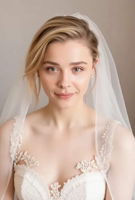  chloé, short hair wears a wedding dress with a wedding veil flirt