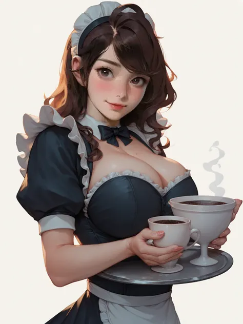 Big Breasts, maid clothes,White Base,Hourglass body type,Put black tea on a tray and carry it by hand