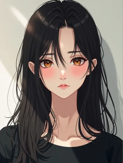 Woman with long black hair brown eyes facial blush, manga style . black shirt,Profile view look tenderly