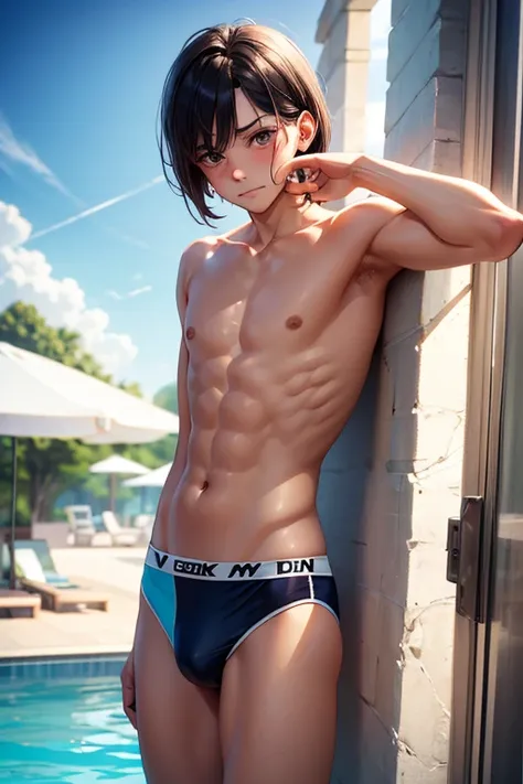 A cute, dainty guy with a gay short bob and dark hair, man's swimsuit, embarrassed face