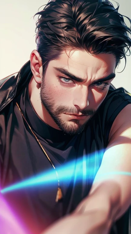 (   best quality,4K,8k,   highres,   masterpiece :1.2),   ultra-detailed   ,(realistic,photorealistic,photo-realistic:1.37),36-year-old man,3 day beard,Beautiful anime,Portraits,strong,Masculine,    with black hair  ,sharp jaw,     mesmerizing eyes     ,  ...