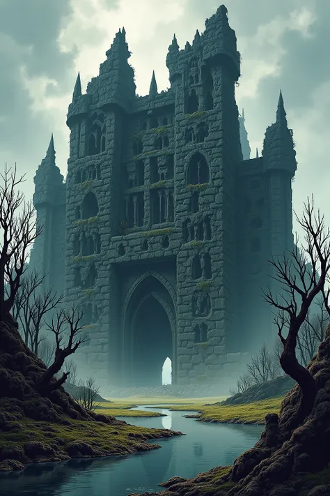 A sprawling, massive ruined castle looms over a desolate, mist-covered landscape. The fortress is colossal, its towers warped and melted as if by dragonfire, their jagged peaks clawing at the stormy gray sky. The immense stone walls, blackened and cracked,...