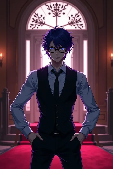 A young guy in a vest, wearing glasses, he is smirking with a evil smile, Western-style mansion, red carpet. ultra detailed, absolutely resolution, masterpiece, dark purple hair, white skin, blue eyes