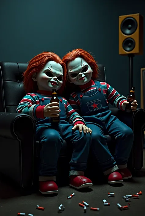 A Chucky dressed in black, Drinking beers while sleeping with his friend. In the room there is a speaker and some cigarettes 