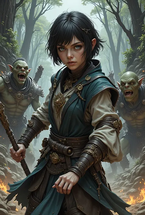 A young woman with sgort black hair and bright blue eyes, wearing healer robes and fighting orcs