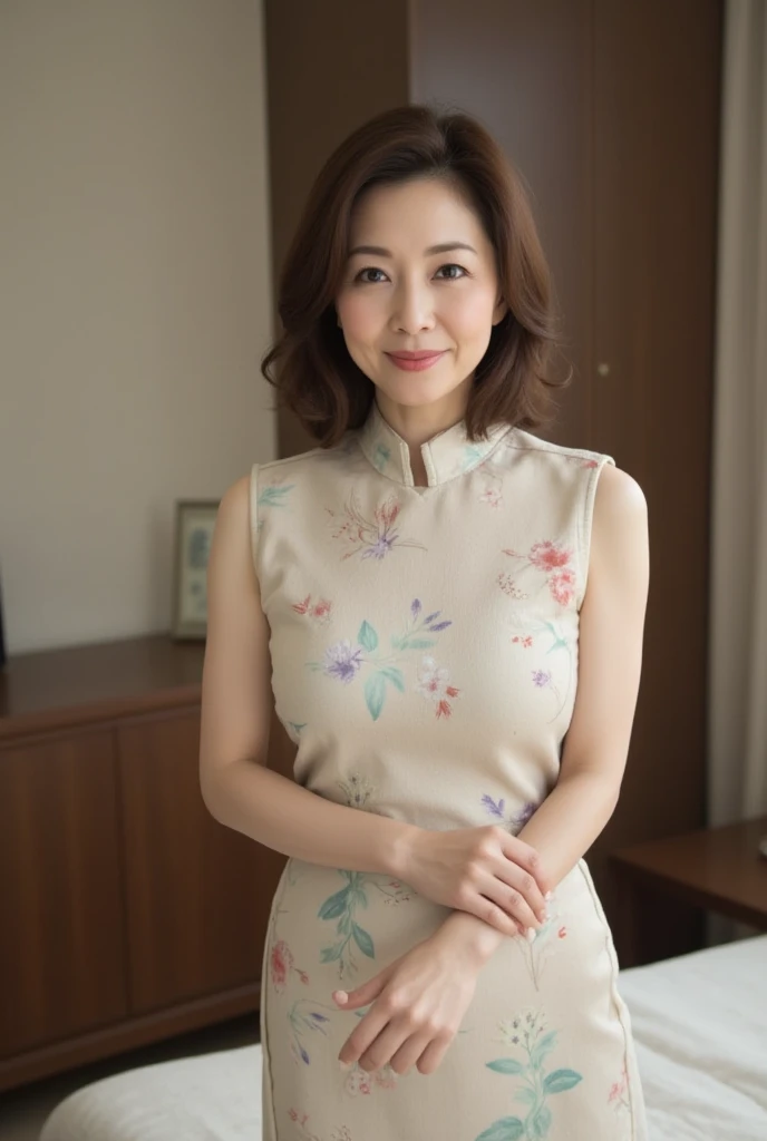   mature women、   Japanese 、48 years old (Mature Beauty: 1.5)、 kind,  Enchanting Smiles  、(  nasolabial fold  :1.4)、   Natural Aging   、Warm Eyes 、( close up shot of upper body:1.3)、   Soft  , Natural wrinkles 、   clean skin (1.4)、    sharp concentration t...