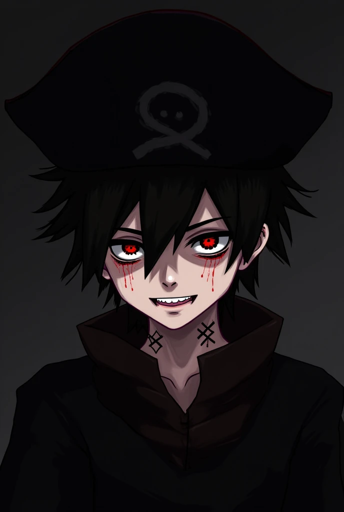 Create a representation of death in a dark way but as an icon for me to use on my Twitch channel where my name is D3athMorte, I want him to have blood between his teeth and to be giving off a sarcastic murderer's smile, black eyes with a bright spot, Sligh...