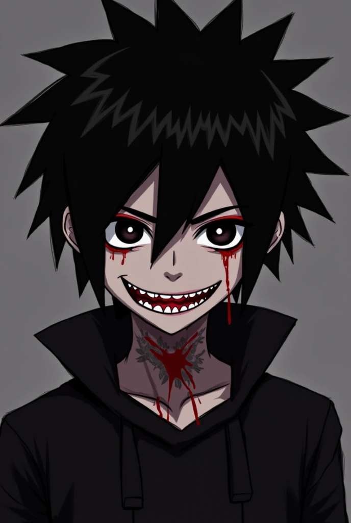 Create a representation of death in a dark way but as an icon for me to use on my Twitch channel where my name is D3athMorte, I want him to have blood between his teeth and to be giving off a sarcastic murderer's smile, black eyes with a bright spot, Sligh...