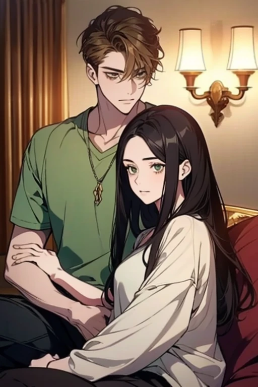 couple, 1 girl 1 boy , with different hair color, long black hair and brown eyes ,  short blond hair and green eyes, romance, Sit on your lap, way a way