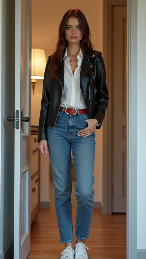  Ultrarealistic image .  full body view. A brunette 25-year-old German woman.  She is dressed in a black leather jacket and a white blouse .  She is dressed in tight blue jeans with a thin red leather belt and white sneakers. She is standing in the door to...