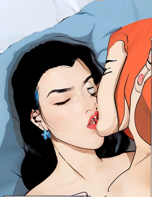 (best quality, masterpiece:1.2) 2girls woman in her 40 years, (realistic:1.5), wonder woman as gal gadot, (closed eyes:1.2), red lips, black long hair, (white bedsheet:1.2), (blue pillow:1.5), nude, french kiss