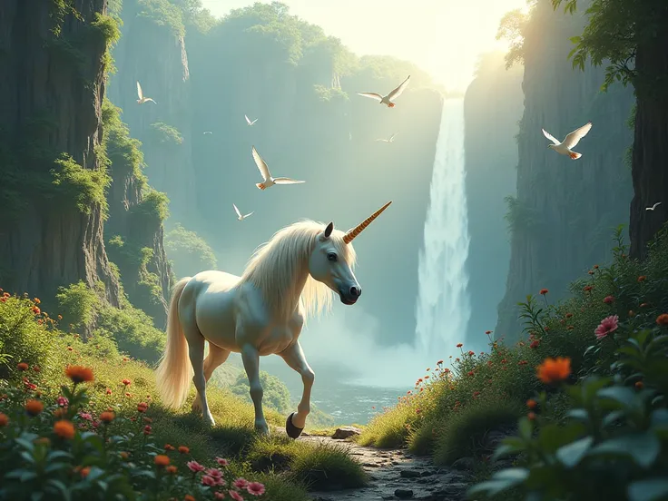 A unicorn,  hiking through a verdant canyon with a tall waterfall in the background. White birds flying around. Sunlight beams seen from the top right of the scene.