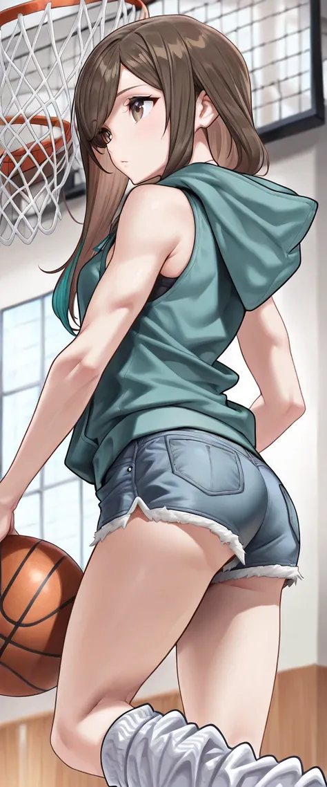 score_9, score_8_up, score_7_up, 1girl, solo, thin “, back view, from side, shooting basketball, brown eyes, brown hair, hair with teal highlights,  (((long swept bangs))), thin, close up, small breasts, slightly toned arms, ((sleeveless teal hoodie, jean ...