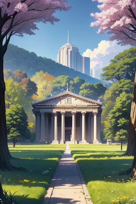 estilo ralph-mcquarrie, greek architecture done in a sci-fi style on a  linda forest and meadow scene with tall buildings and open green spaces,  pintura a óleo ,  linda,  altamente detalhada. Pétalas de sakura voando pela paisagem.