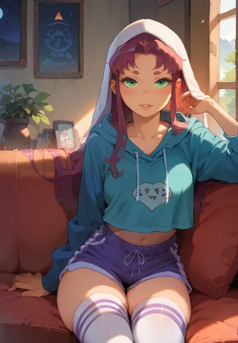 1girl, Starfire, Teen Titans, sitting on a couch, hoodie, silk shorts, thigh highs, sexy pose, lustful, BREAK, night time, mountain cottage, cinematic lighting,