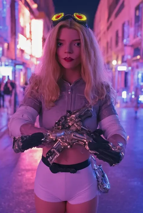 a cyberpunk-inspired female character with curly, very long hair, dyed in a subtle platinum white shade, evoking intelligence and elegance. She wears a sleek, futuristic cropped jacket with faint holographic runes, ending above her waistline, paired with s...