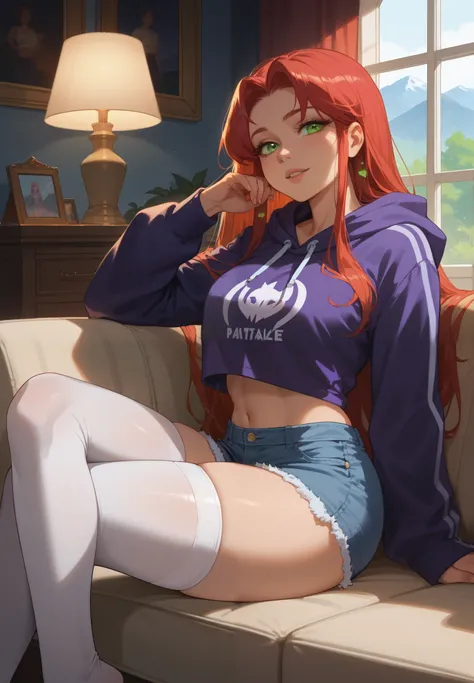 1girl, Starfire,  Titans, sitting on a couch, hoodie, silk shorts, thigh highs, sexy pose, lustful, BREAK, night time, mountain cottage, cinematic lighting,