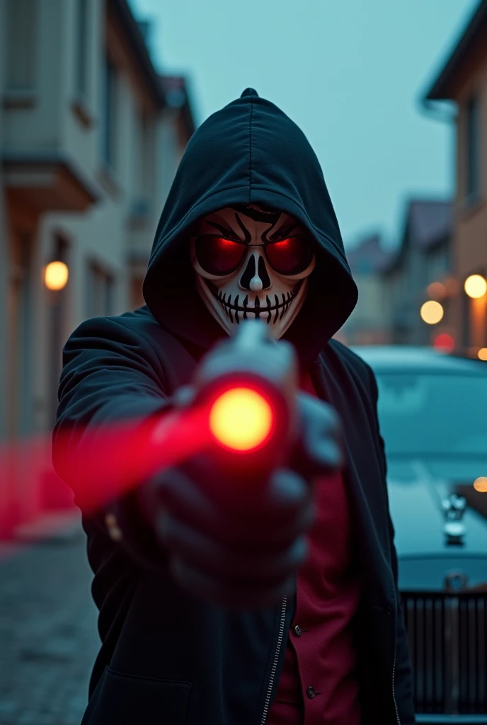  Creates an image with a criminal pointing a laser gun at the camera and behind a luxurious car in a dangerous neighborhood, the villain looking at the camera while pointing it with the gun and with a red laser , The villain with the mask but the mask is a...