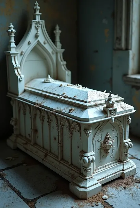 Create a white gothic style funeral casket with abandoned and dirty details