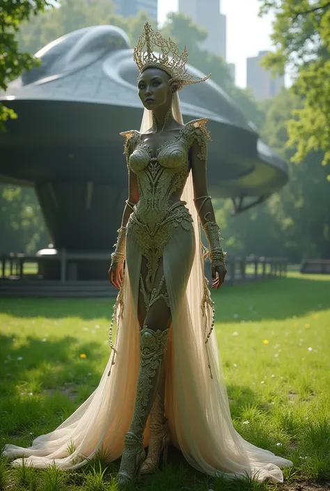 Very beautiful very elegant mature alien but humanlike queen in high heel boots in front of her starship that landed on in Central Park New York City 