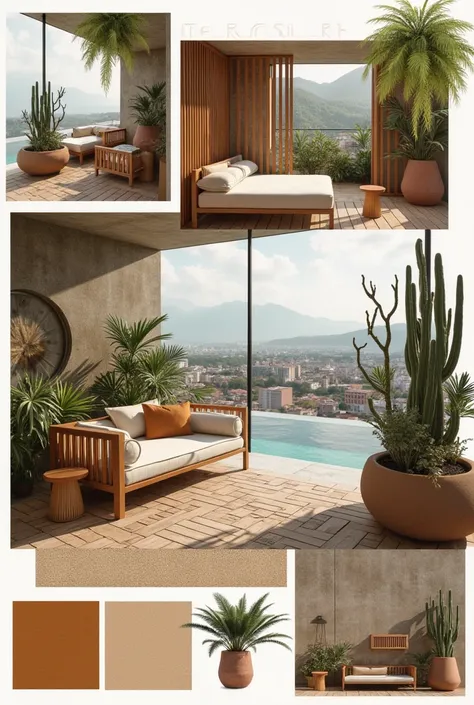 Moodboard of a hotel interior design project that shows materials for a rooftop in the city of Cartagena inspired by the sea and African culture 