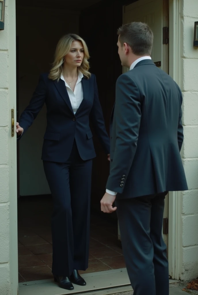 A woman in a sharp, navy blue suit stands on the doorstep of a detective's house. A ager, looking slightly nervous, knocks tentatively on the door.  The house looks run-down, suggesting a long history of neglect. The scene hints at a crucial meeting.