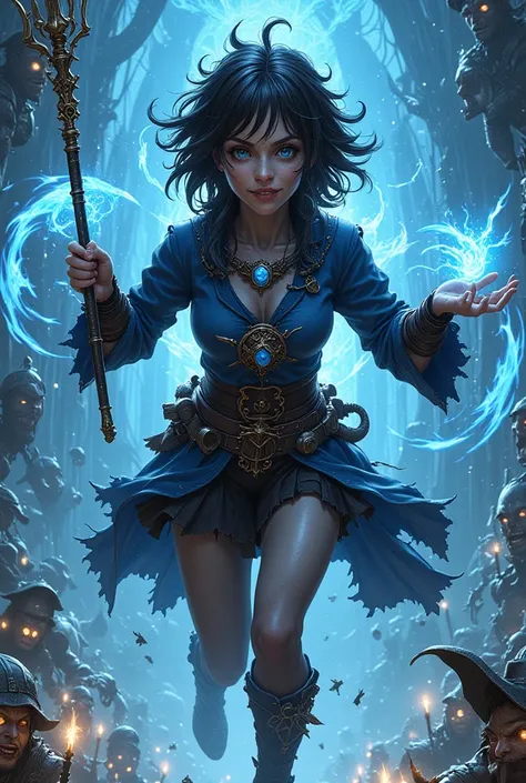 A young woman with sgort black hair and bright blue eyes, wearing healer robes and running into battle wielding a tome in her left hand and a wand in her right hand. blue healing magic swirls around her. Healing orbs flow from her wand toward her allies.