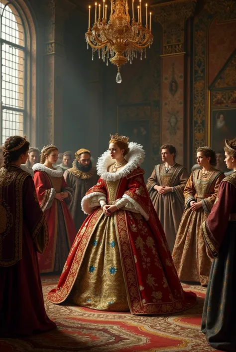 Create me an image of the Renaissance court scene 
Believe me a delay by Queen Elizabeth I