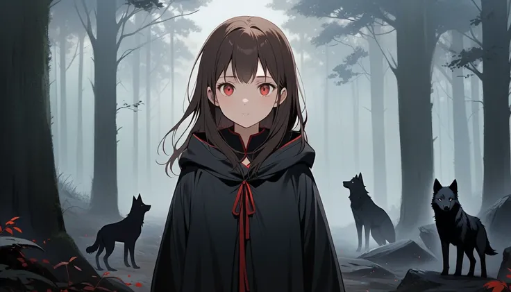 a forest background, 1 very short very young female with a black wolf pup with red eyes next to her and two wolves around those two, the very young girl has brown hair and red eyes, mysterious, mist, zoomed out, girl far in the background, two black wolves...