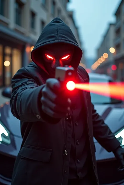  Creates an image with a criminal pointing a laser gun at the camera and behind a luxurious car in a dangerous neighborhood, the villain looking at the camera while pointing it with the gun and with a red laser , The villain with the mask but the mask is a...