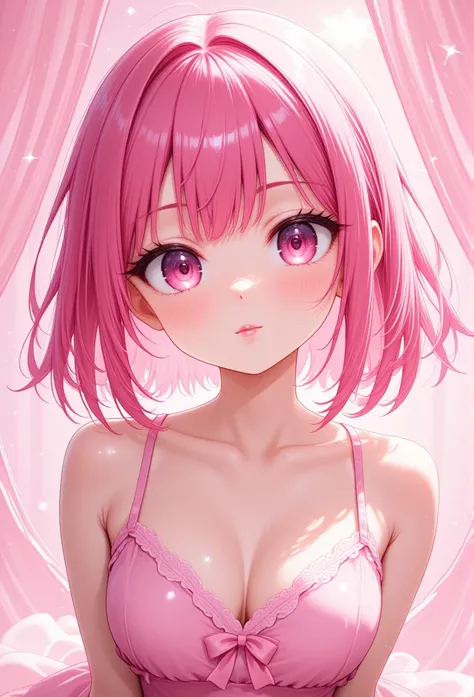 Anime style, closeup, woman, pink hair, pink eyes, pink dress, closeup face, pink background