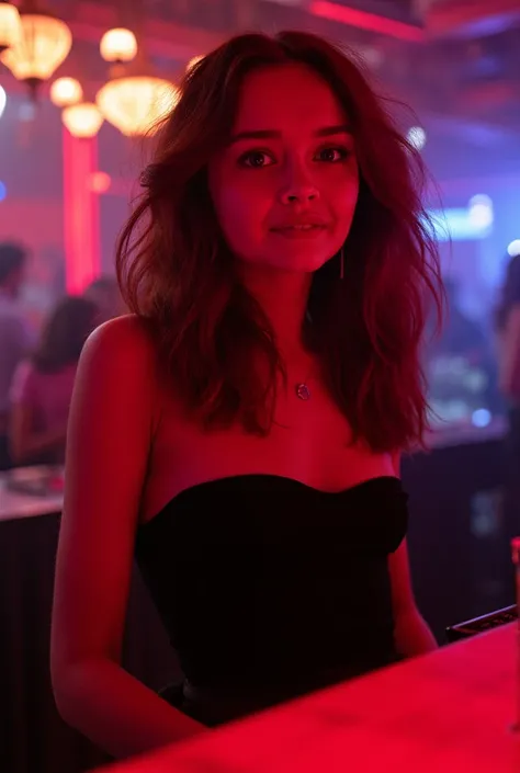 Olivia Cooke,long hair,black bandeau strapless top,working in a futuristic nightclub as a bartender