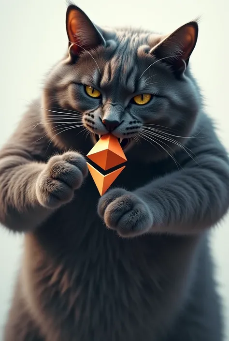 Create an image of a cat same as roaring kitty of gamestop while biting the ethereum logo