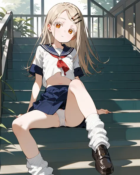 Shinosawa Hiro ,thin, orange eyes, white lashes, blond, long hair, hair clip, flat chest,belly button,whole body,Short sleeve,red ribbon sailor suit, navy blue breeches skirt, White Panties, WHITE LOOSE SOCKS ,Leather shoes,School stairs、 gym sitting 