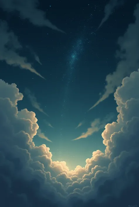 illustration of sky, clouds, stars with some dark tones and gives the sense of dreaminess